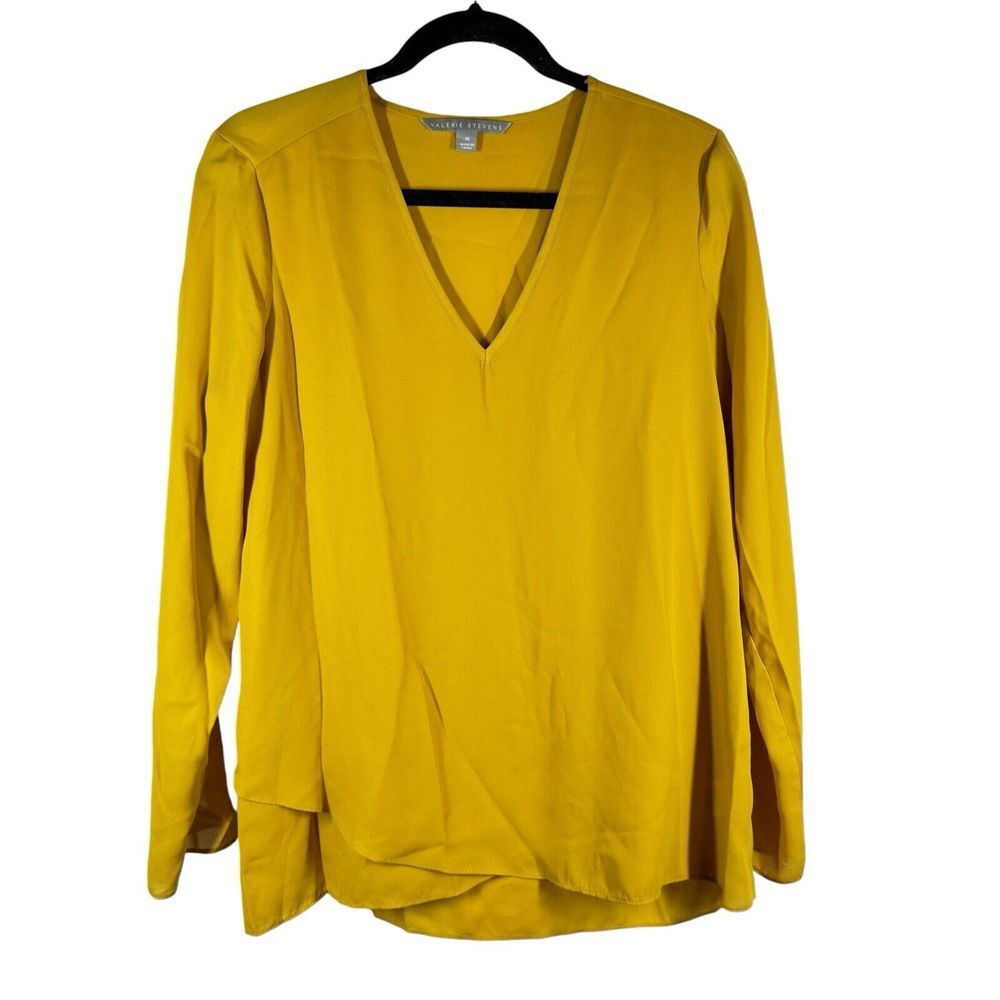 Valerie Stevens Womens Blouse Medium Yellow  V Neck Long Tab‎ Sleeve